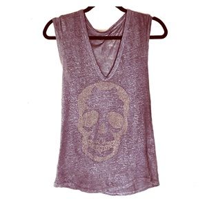 Grey Linen Skull V-Neck Top